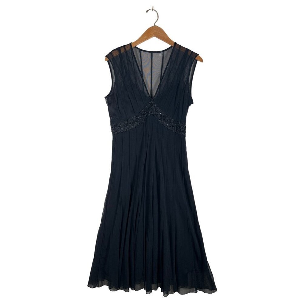 ECI New York Womens Size 8 Black Mesh Midi Party Dress Pin Tuck Pleats Bead Trim